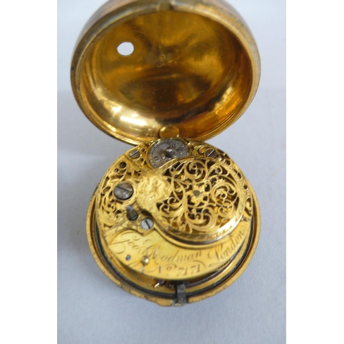 282 - 18thC pair cased gold plated verge pocket watch with white enamel dial Arabic and Roman numerals, th... 