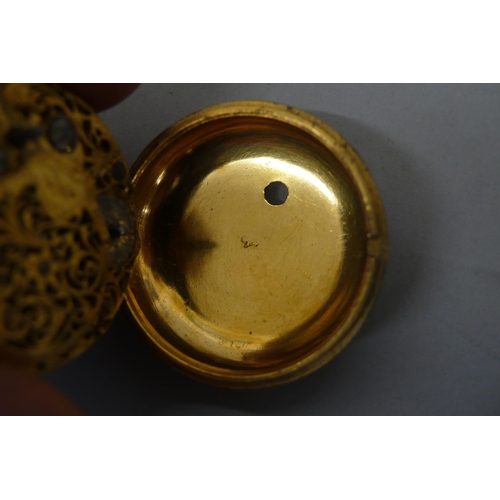 282 - 18thC pair cased gold plated verge pocket watch with white enamel dial Arabic and Roman numerals, th... 