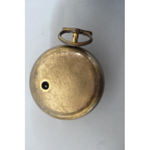 282 - 18thC pair cased gold plated verge pocket watch with white enamel dial Arabic and Roman numerals, th... 