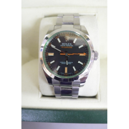 285 - Gents Rolex Milgauss Oyster perpetual stainless steel wristwatch with orange batons and flash second... 