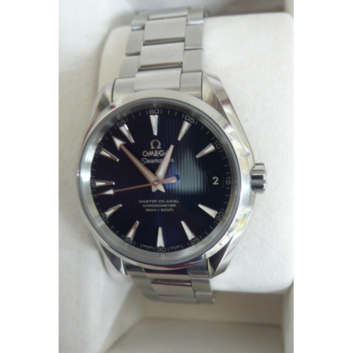 286 - Gents Omega Seamaster master co-axial chromometer date wristwatch with blue stripped dial, stainless... 