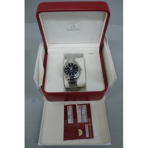 286 - Gents Omega Seamaster master co-axial chromometer date wristwatch with blue stripped dial, stainless... 