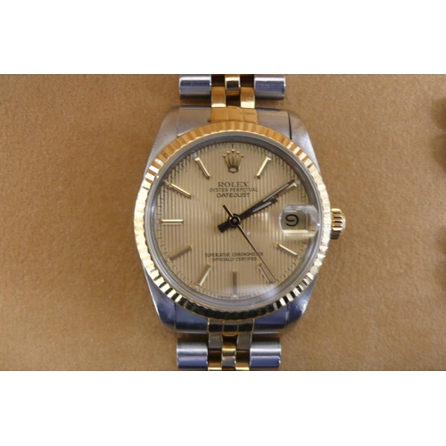 289 - Ladies Rolex Midi mixed metal Oyster Perpetual date just, gold stripped dial, boxes and insurance va... 