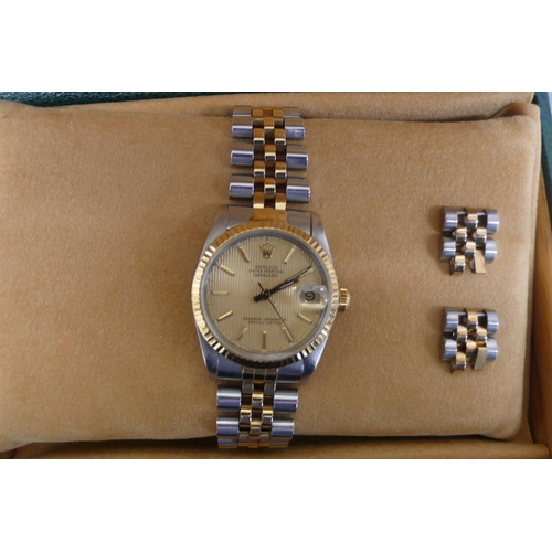 289 - Ladies Rolex Midi mixed metal Oyster Perpetual date just, gold stripped dial, boxes and insurance va... 