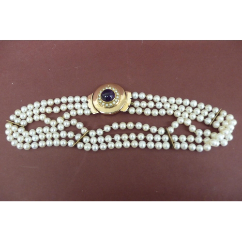 301 - Triple cultured pearl choker necklace with large 9ct gold cabachon amerthyst and seed pearl clasp - ... 