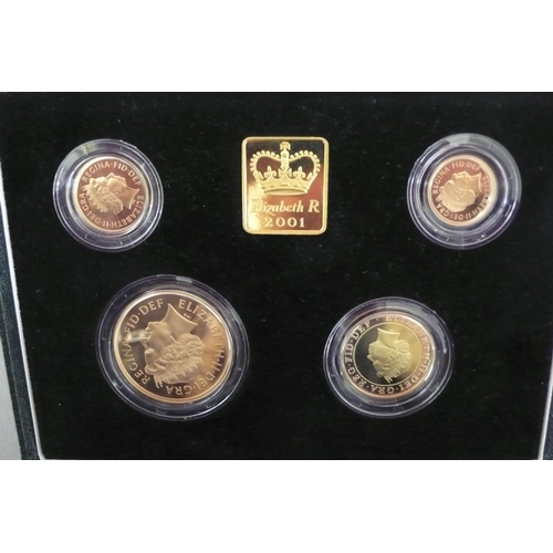 308 - 2001 UK gold proof four coin sovereign collection - cased with certificate NO. 0086 £5, £2, sovereig... 