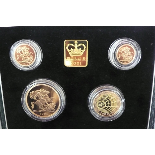 308 - 2001 UK gold proof four coin sovereign collection - cased with certificate NO. 0086 £5, £2, sovereig... 