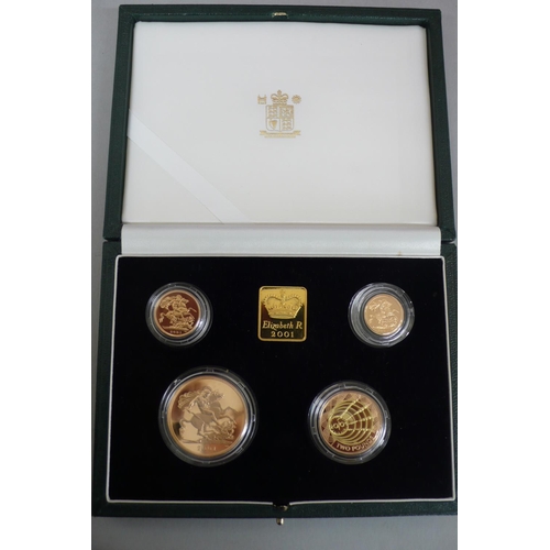 308 - 2001 UK gold proof four coin sovereign collection - cased with certificate NO. 0086 £5, £2, sovereig... 