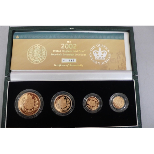 309 - 2002 UK gold proof four coin sovereign collection cased with certificate No. 16889 £5, £2, sovereign... 