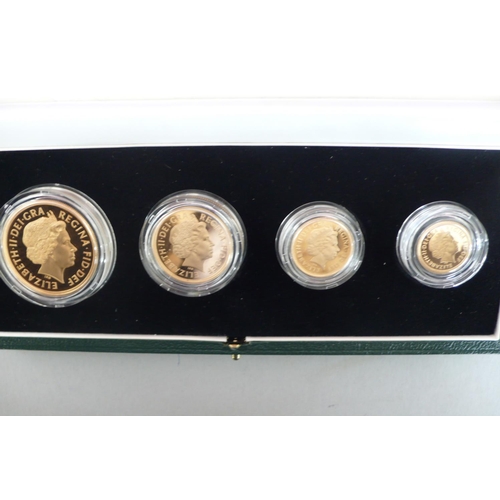 309 - 2002 UK gold proof four coin sovereign collection cased with certificate No. 16889 £5, £2, sovereign... 