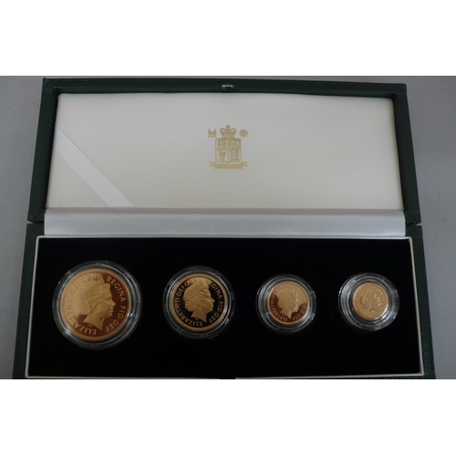 309 - 2002 UK gold proof four coin sovereign collection cased with certificate No. 16889 £5, £2, sovereign... 