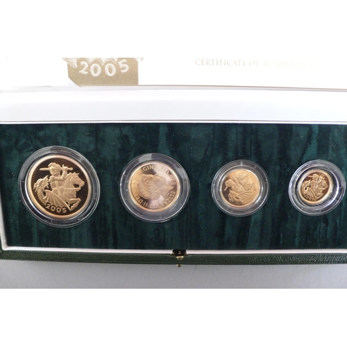 310 - 2005 UK gold proof four coin sovereign collection cased with certificate No. 1605 £5, £2, sovereign ... 