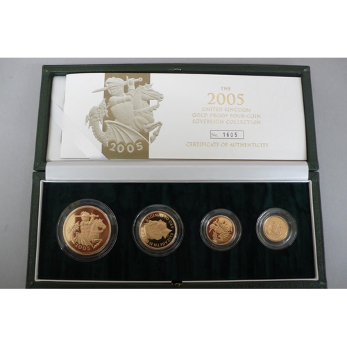 310 - 2005 UK gold proof four coin sovereign collection cased with certificate No. 1605 £5, £2, sovereign ... 