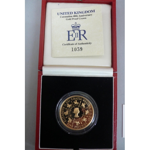 311 - 1993 UK gold proof coronation 40th Anniversary £5 coin cased with certificate No. 1039