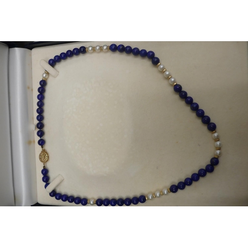 377 - 14 ct. gold lapis lazuli and pearl necklace