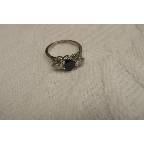 378 - Platinum sapphire and diamond three stone ring - size M/N