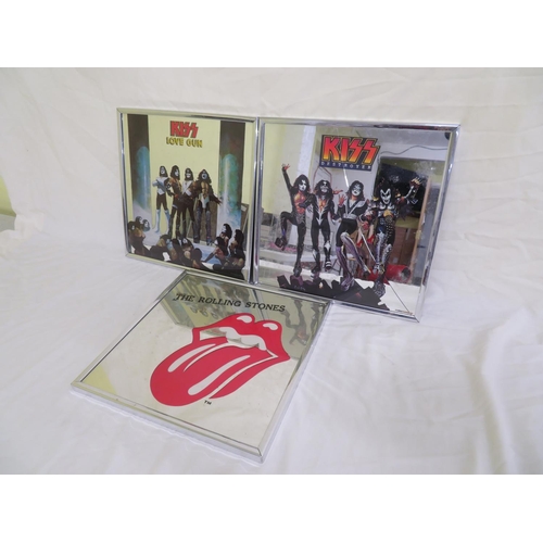 39 - Three small rock mirrors - Kiss and Rolling Stones (one cracked)