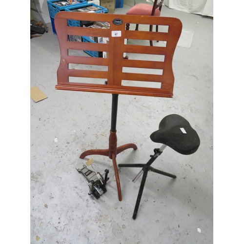 67 - Drum stool and kick pedal plus a music stand