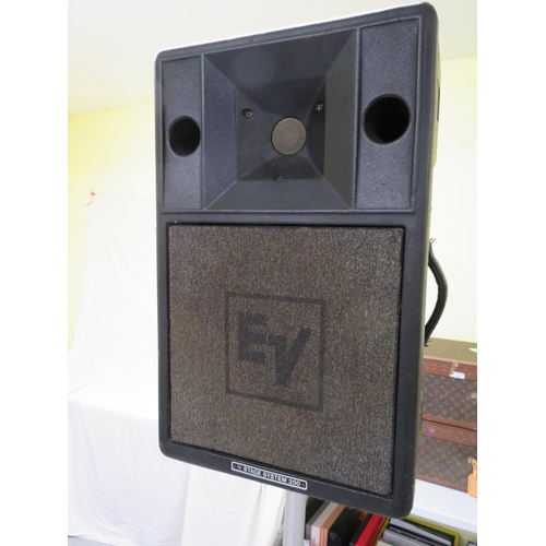 68 - Pair of Electro-Voice powered PA speakers with tripod stands , one with replacement Celestion 12ins ... 