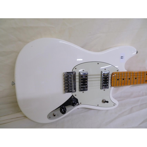 82 - White Fender Mustang copy, maple neck, chrome hardware with two humbucker pickups