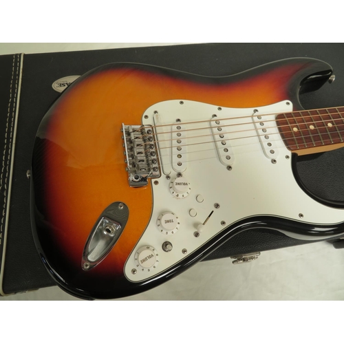 107 - Fender made in Mexico Stratocaster - sunburst body, three single coil pickups plus Roland at the bri... 