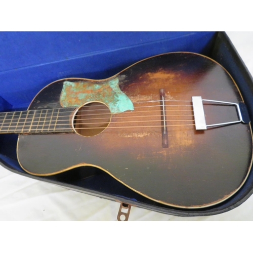 85 - Circa 1940/50s European made parlour sized acoustic guitar with tail piece and floating bridge, unus... 