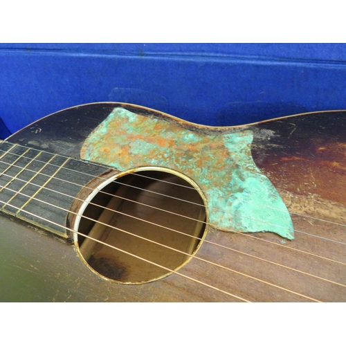 85 - Circa 1940/50s European made parlour sized acoustic guitar with tail piece and floating bridge, unus... 