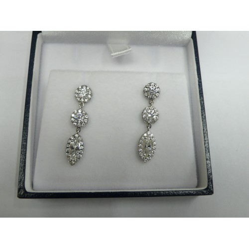 382 - Pair of 18ct white gold vari cut diamond triple cluster drop ear studs estimated total diamond weigh... 