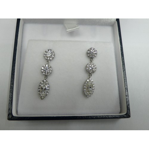 382 - Pair of 18ct white gold vari cut diamond triple cluster drop ear studs estimated total diamond weigh... 