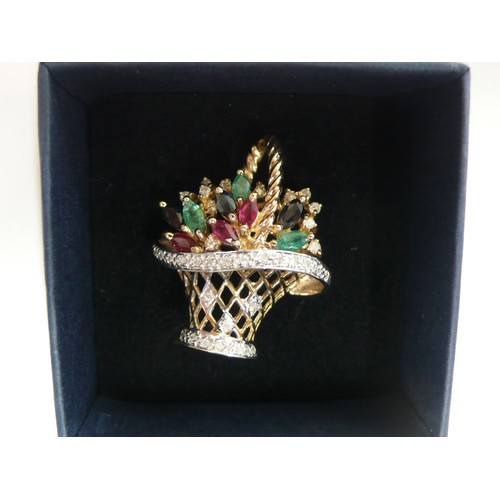 384 - 14ct gold ruby, emerald, sapphire and diamond basket of flowers open worj brooch - weight 6grms