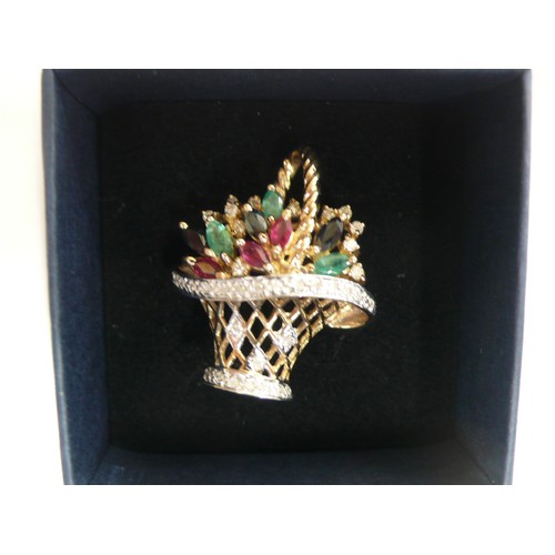 384 - 14ct gold ruby, emerald, sapphire and diamond basket of flowers open worj brooch - weight 6grms