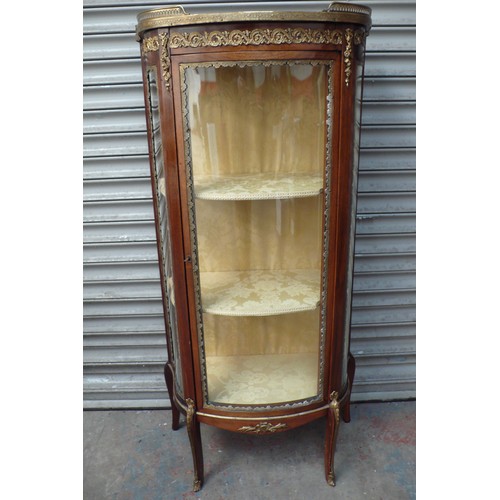 366 - French gilt metal mounted serpentine sided walnut vitrine with galleried marble top, on cabriole and... 