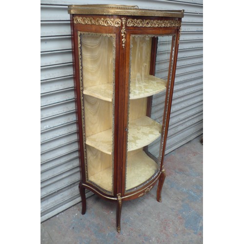 366 - French gilt metal mounted serpentine sided walnut vitrine with galleried marble top, on cabriole and... 