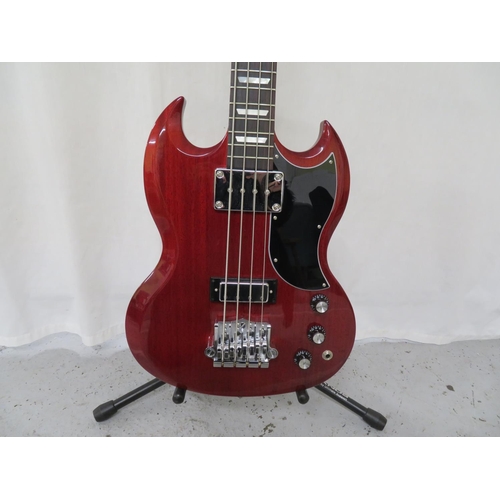 55 - 2015 Gibson USA SG cherry red bass guitar serial number 150028277 with chrome hardware in gold Gibso... 