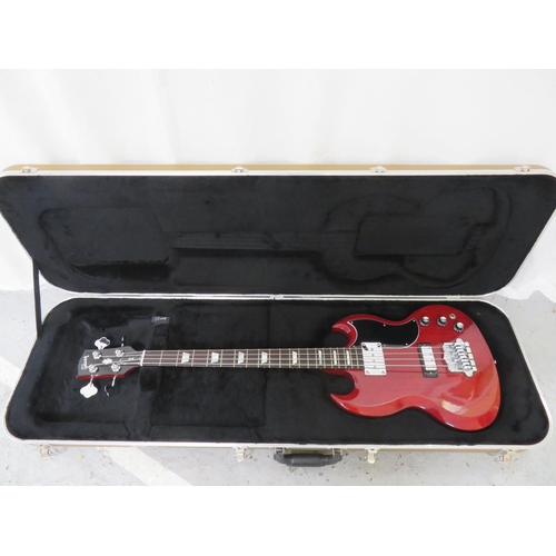 55 - 2015 Gibson USA SG cherry red bass guitar serial number 150028277 with chrome hardware in gold Gibso... 