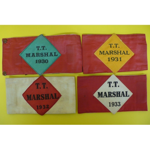 6 - TT Marshall waxed cotton and linen arm bands, Dated 1930, 31, 32 & 33, belonging to Charles Gill, In... 