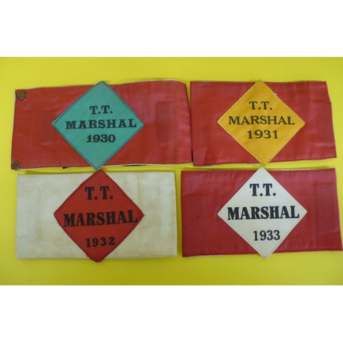 6 - TT Marshall waxed cotton and linen arm bands, Dated 1930, 31, 32 & 33, belonging to Charles Gill, In... 