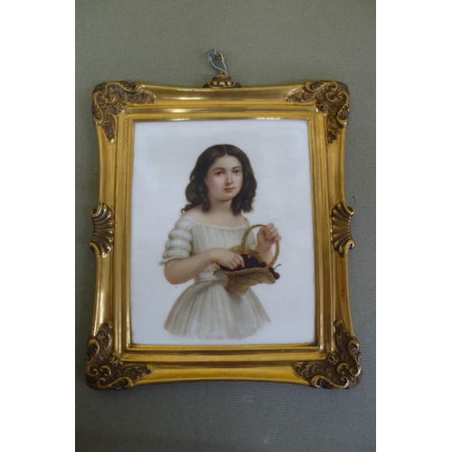 9 - 19thC Berlin Porcelain plaque in the form of a gilt framed picture of a dark haired girl holding a b... 