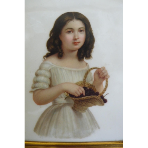 9 - 19thC Berlin Porcelain plaque in the form of a gilt framed picture of a dark haired girl holding a b... 