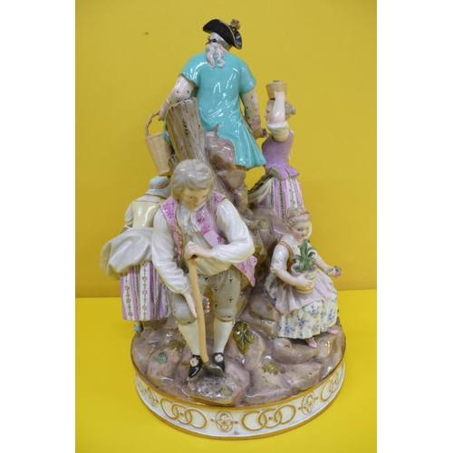 10 - 19thC Meissen porcelain figure group of The Flower Growers and their children, Underglaze cross swor... 