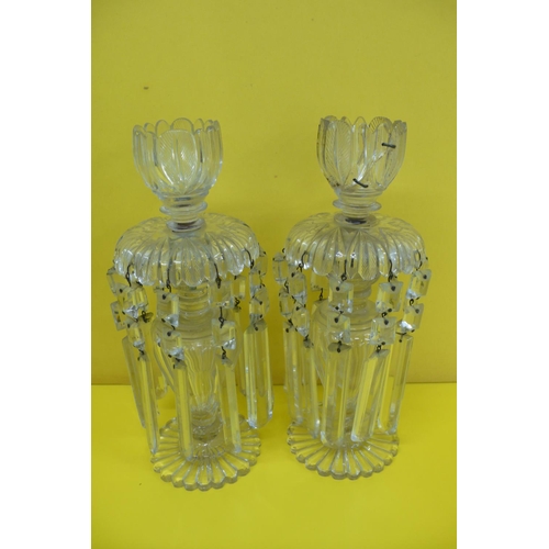 11 - Pair of 19thC cut glass lustres (probably Irish) with prism drops, one top stitched , Ht 11.5ins