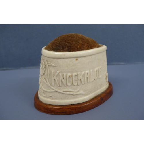 30 - Knockaloe well carved bone and wood pin cushion, width 2.5ins