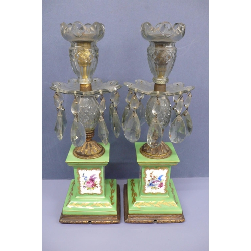 41 - Pair of 19thC Irish cut glass lustre candlesticks with coronet shaped tops, flower shaped sconces wi... 