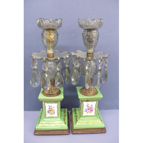 41 - Pair of 19thC Irish cut glass lustre candlesticks with coronet shaped tops, flower shaped sconces wi... 