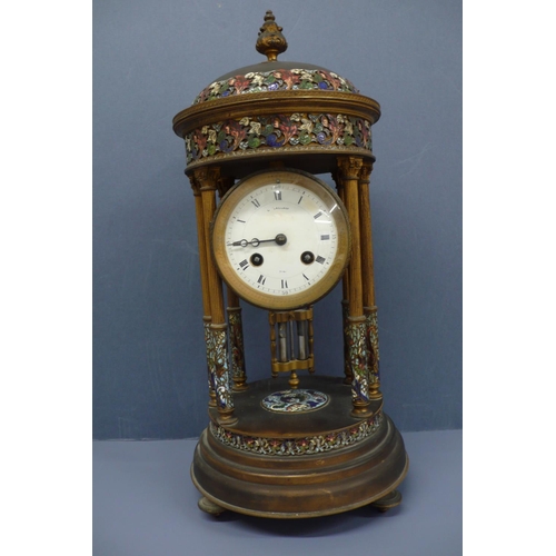 42 - 19th/20thC French ormolu and champleve mantel clock in the form of a gazebo with urn finial, reeded ... 