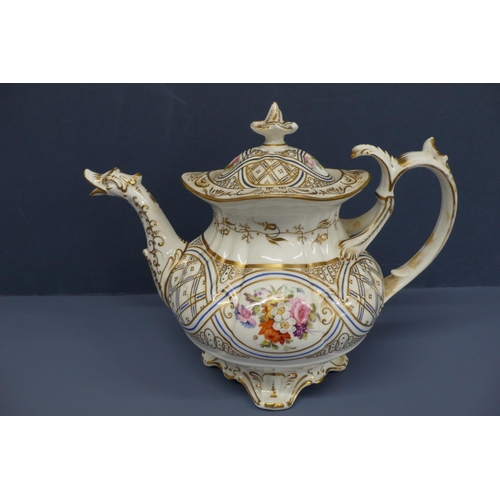 44 - 19th/20thC pretty porcelain tea pot with swan head pout, hand painted floral decoration on four spla... 