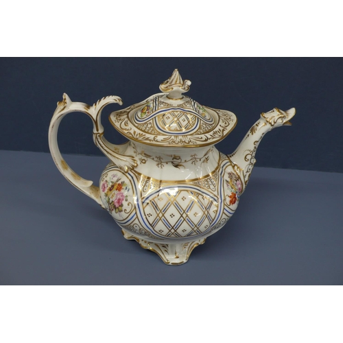 44 - 19th/20thC pretty porcelain tea pot with swan head pout, hand painted floral decoration on four spla... 