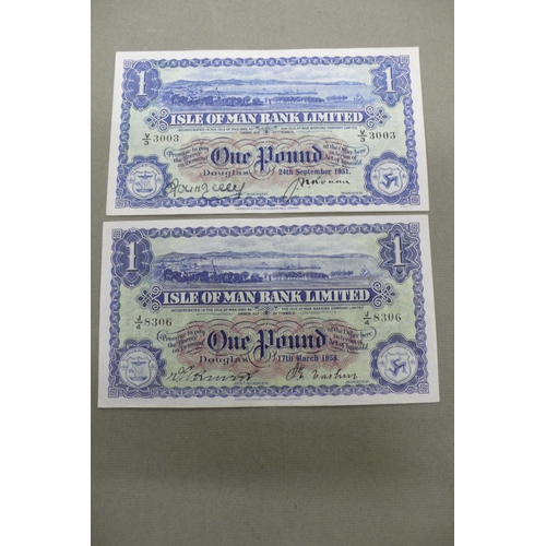 97 - Isle of Man Bank Limited, Two £1 bank notes
No. v/3 3003, dated 24th Sept 1951, Kelly and Ronan, No.... 