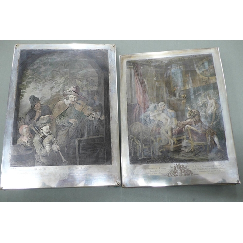 101 - Two 18th/19thC Silver plated coloured printing plates
1. Musiciens Ambulans, 11.5x8.25ins
2. A Monsi... 