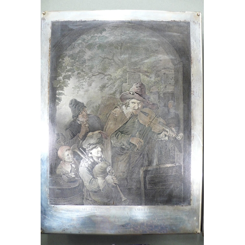 101 - Two 18th/19thC Silver plated coloured printing plates
1. Musiciens Ambulans, 11.5x8.25ins
2. A Monsi... 